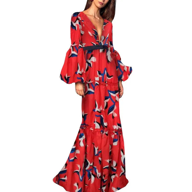 Bohemian Bird Print Maxi Dress Elegant V - Neck Bell Sleeve Tiered Dress for Vacation Party & Daily Wear