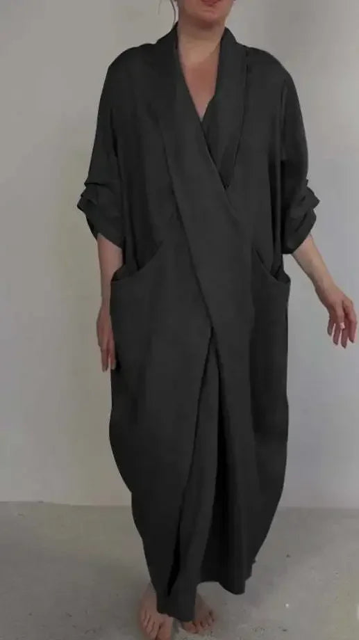 Women Loose Long Maxi Dress V Neck Full Length High Waist Solid Color Ankle Length Dress Summer