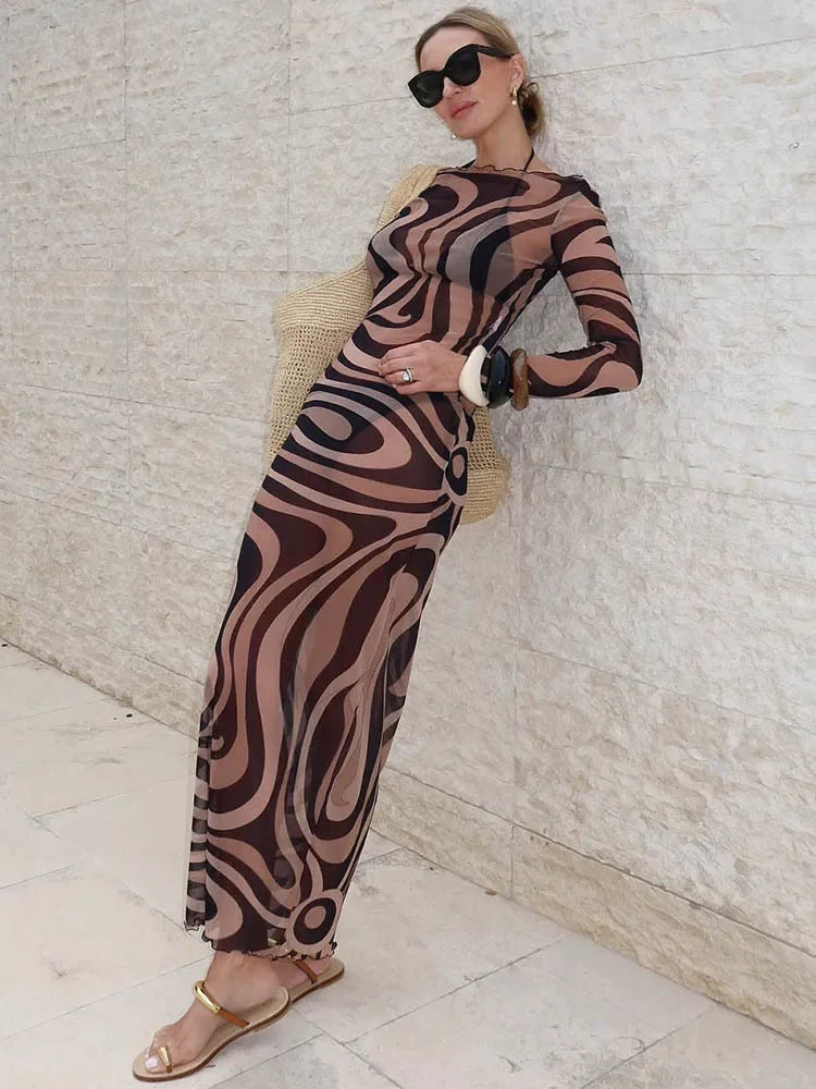 Elegant Striped Print Sexy Maxi Dress For Women Mesh See Through Patchwork Long Sleeve Beach Club Party Long Dresses
