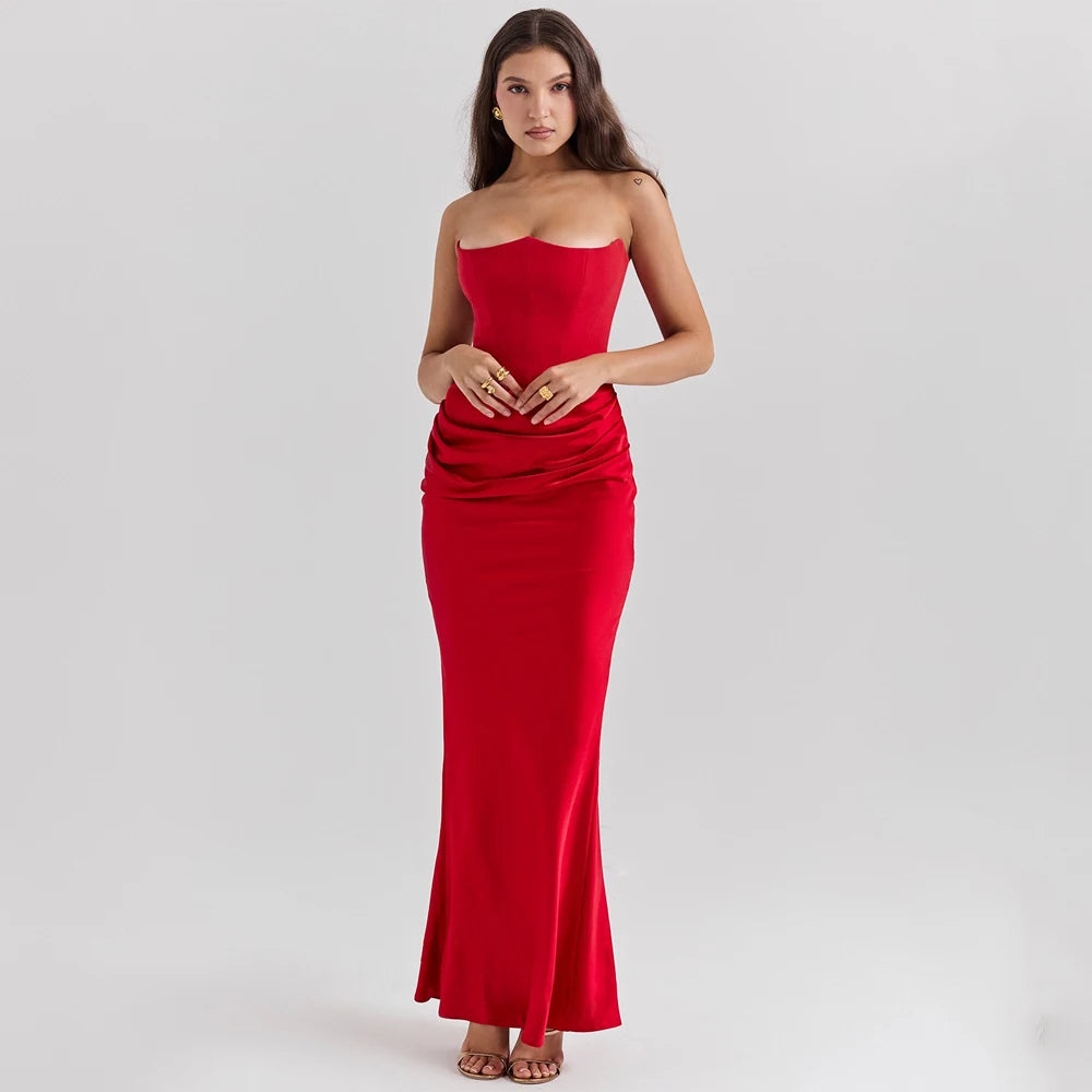 Elegant Mermaid Maxi Dress for Women Formal Occasion Prom Gown Strapless Corset Ruched Long Dress Party Evening Dress Lady Robe