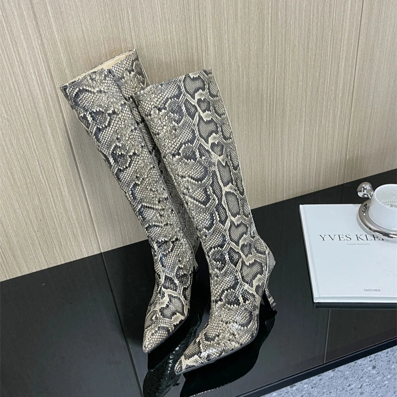 New Mixed Color Snake Patterned Side Zipper Knee High Boots Autumn Winter European American Fashion Pointed High-heel Long Boots