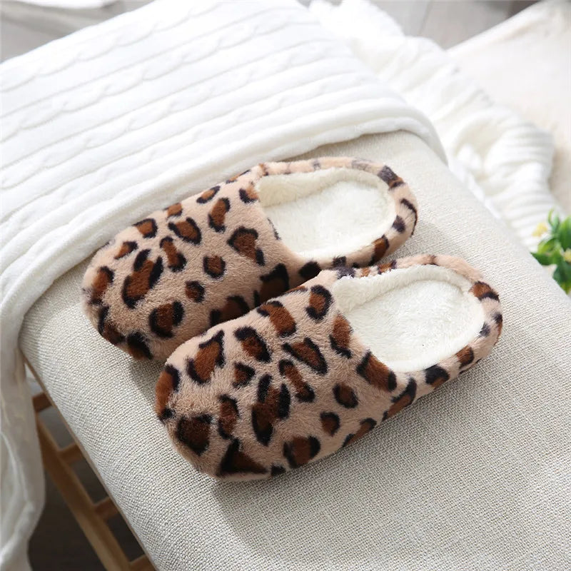 Indoor Bedroom Women Men Couples Floor Shoes Winter Household Fur Slippers Leopard Print Non-Slip Soft Warm House Slides