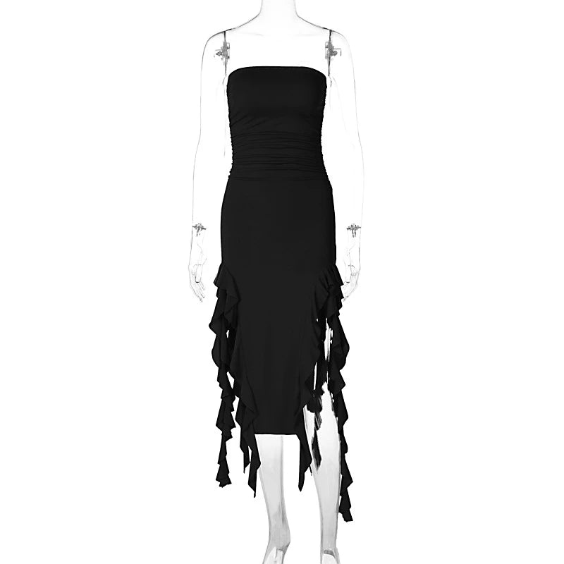 2024 Summer Maxi Women's Dress Vintage Elegant black Fashion Sleeveless Slim Backless Irregular Tassel Party Dresses Street Robe