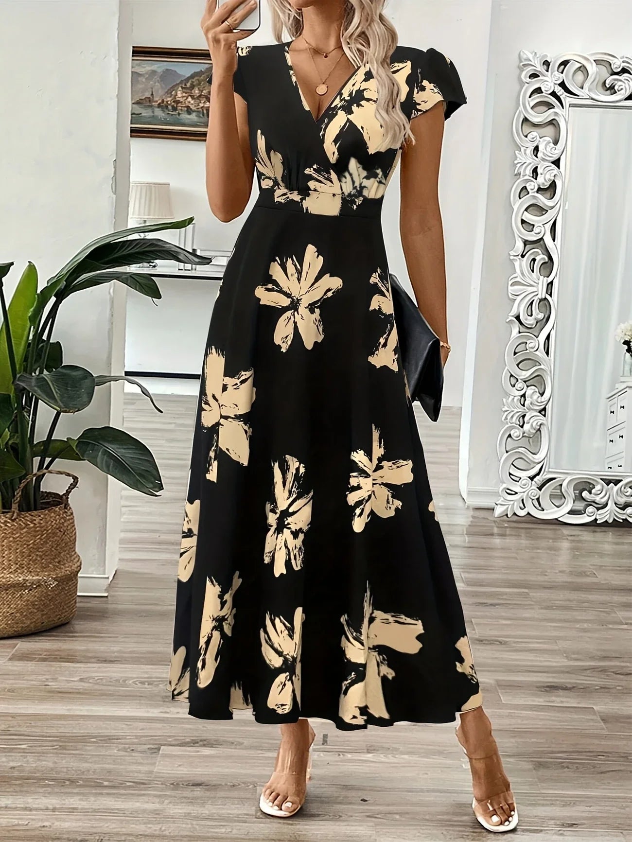 Plus Size 1XL-5XL Women's Fashion Elegant Plus Size Floral Maxi Dress Ladies Casual Short Sleeve Elegant Crew Neck Peplum Dress