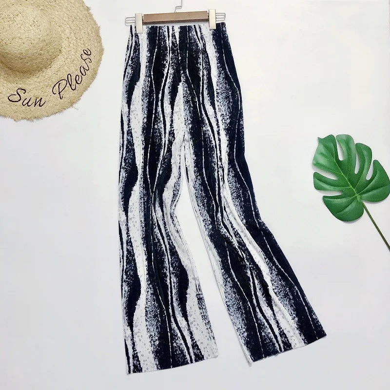 REALEFT 2024 New Spring Summer Painting Printed Long Pants Vintage High Waist Street Casual Loose Wide Leg Trousers Female