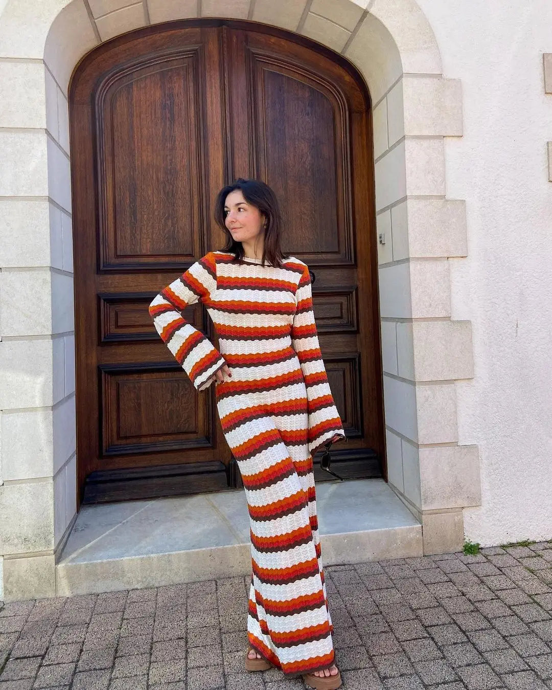 Elegant Fashion Striped Maxi Dress 2024 Sexy Long Sleeve Holidays Party Dress Summer Hollow Out Knitted Beach Dress for Women