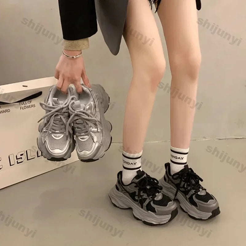 Chunky Platform Sneakers for Women Spring Fashion Thick Sole Vulcanized Shoes Woman Non Slip Mesh Breathable Casual Sports Shoes