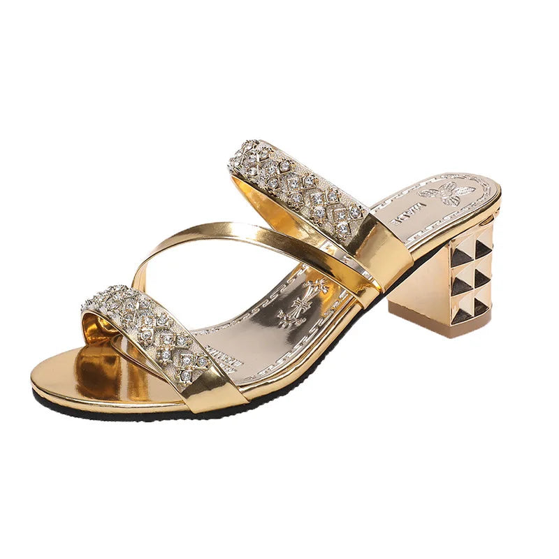 Summer New Women's Sandals Block Heels Female High Heels Rhinestones Luxury Party Shoes Slip on Women Slippers Open Toe Zapatos