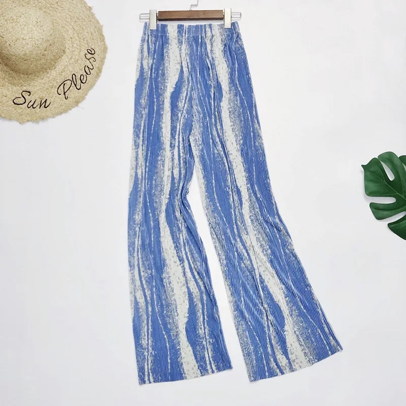REALEFT 2024 New Spring Summer Painting Printed Long Pants Vintage High Waist Street Casual Loose Wide Leg Trousers Female