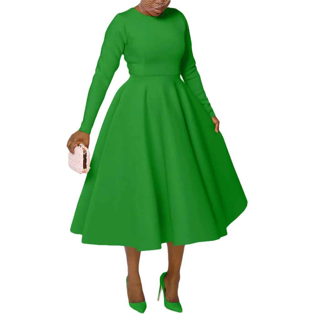 Elegant Church Dresses for Woman 2025 Fall Long Sleeve O Neck High Waisted A-Line Midi Calf Party Cocktail Dress with Pockets