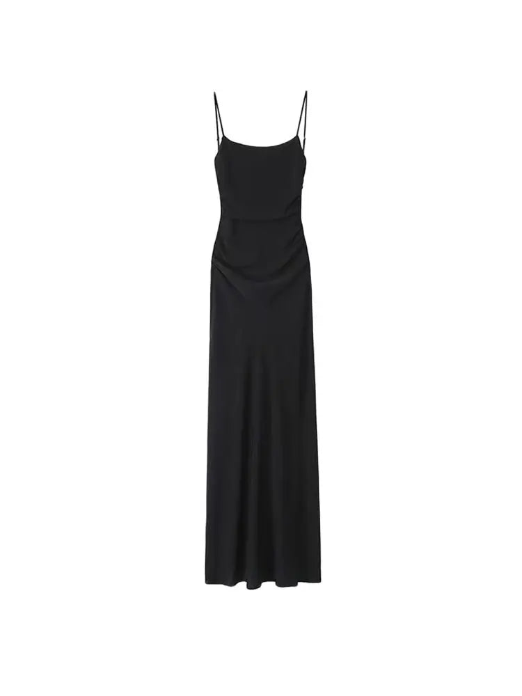 Draped Midi Dress for Women, Straight Neck, Thin Straps, Backless Female Dresses, Chic Fashion