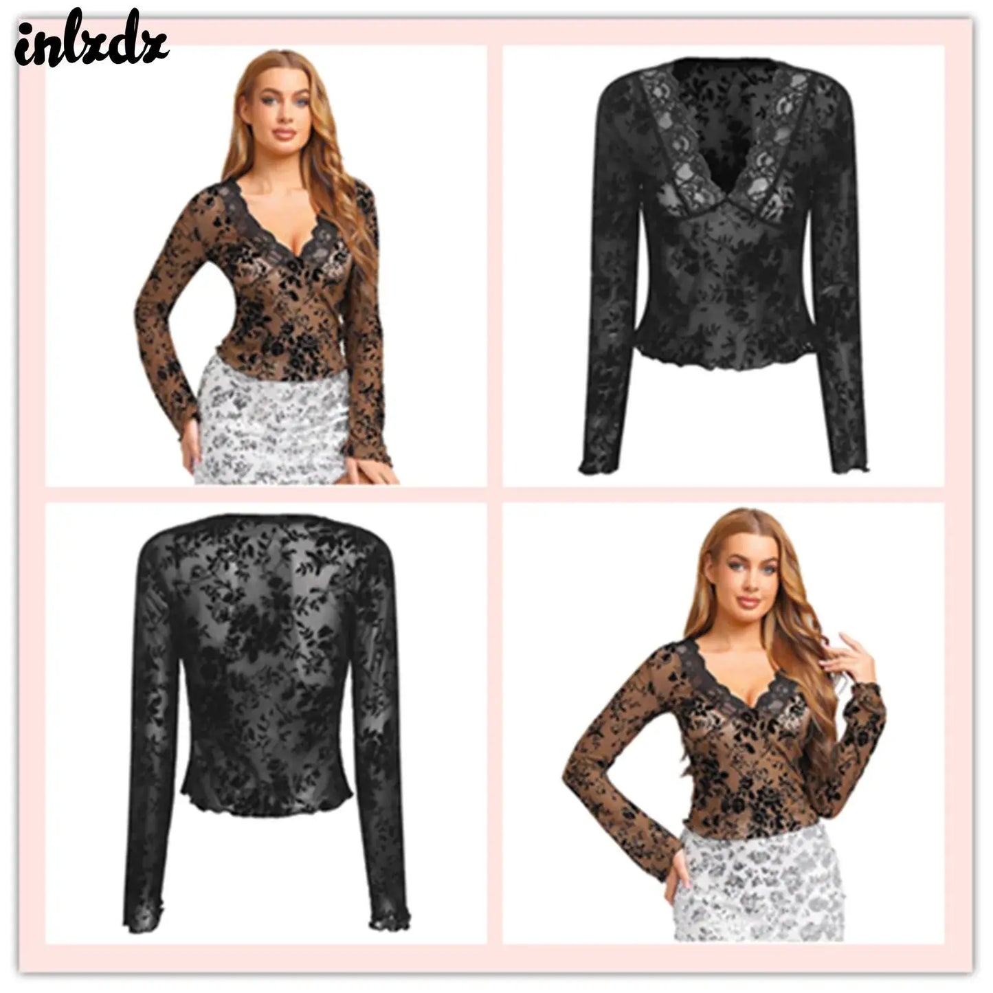 Womens Sheer Mesh Floral Crop T-shirt Tops Long Flared Sleeve V Neck Lace Trim Blouses Velvet Flocked Slim-fit Blouses Tops