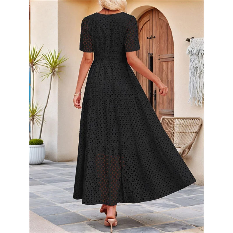 ASDS-Women's Summer Short Sleeve Maxi Dress Casual V Neck Hollow Out Eyelet Ruffle Swing A Line Long Dresses
