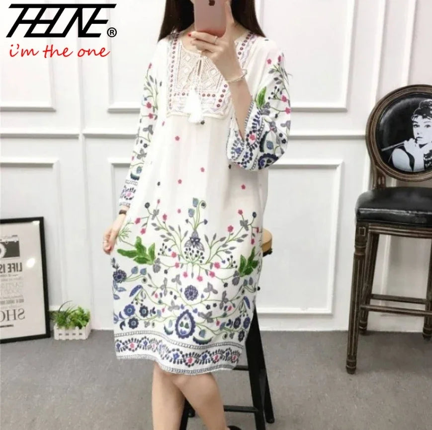 THHONE Vestidos De Mujer Casuales Dress Women Maxi Long Boho New Vacation Indian Robe Femmes Casual Floral V Neck Elastic Cotton