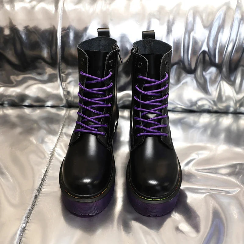 Ankle Boots for Woman 2025 New Women Increased Boots Fashion Genuine Leather PurpleCasual Motorcycle Luxury Shoes