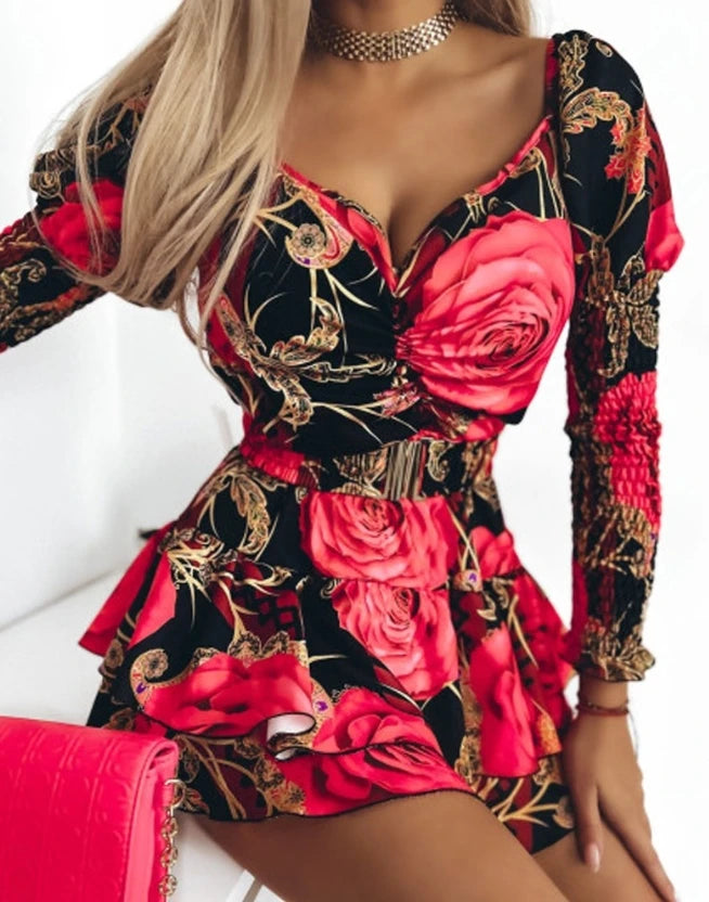 Elegant Evening Party Dresses for Women Floral Print Shirred Layered Dress Sexy 2023 Autumn Winter Spring New Fashion Casual