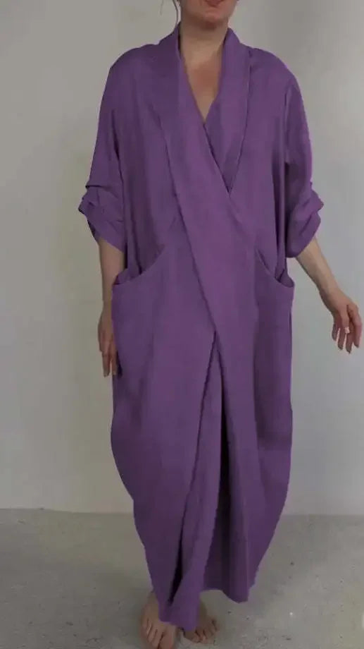 Women Loose Long Maxi Dress V Neck Full Length High Waist Solid Color Ankle Length Dress Summer