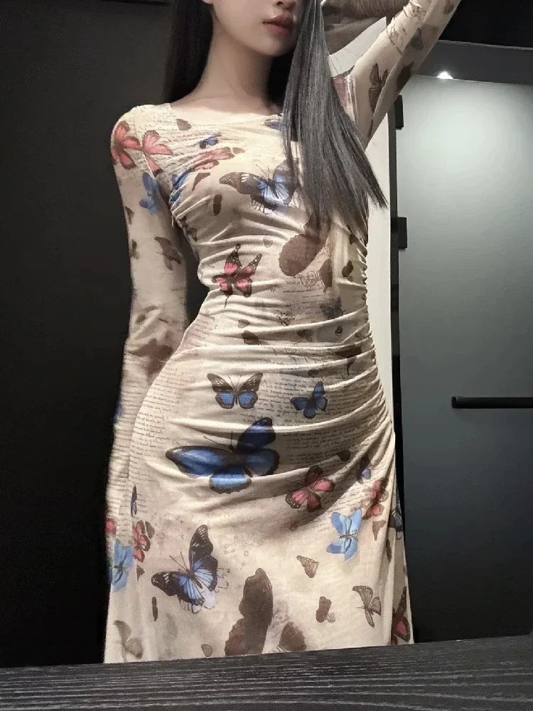 Maxi Dresses Women Vintage Butterfly-print Elegant Holiday Slim Temper Aesthetic Party Fashion Flare Sleeve Vestidos De Mujer