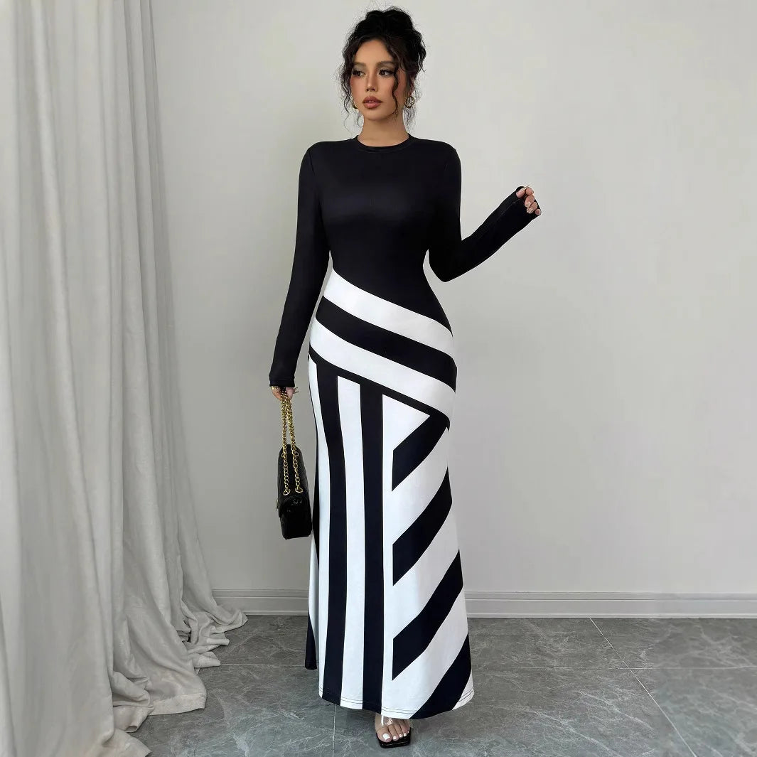 Women Long Sleeve Black White Striped Bodycon Maxi Long Mermaid Dress 2025 Autumn Streetwear Evening Party Vestidos Sexy Dresses