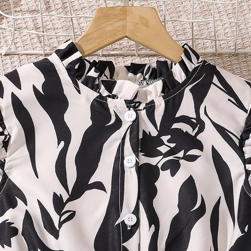 Modest Girls Dress White Printed Belted Wing-Sleeve Maxi Dress Elegnat Vintage Style Kids Dress Communion Festival Banquet