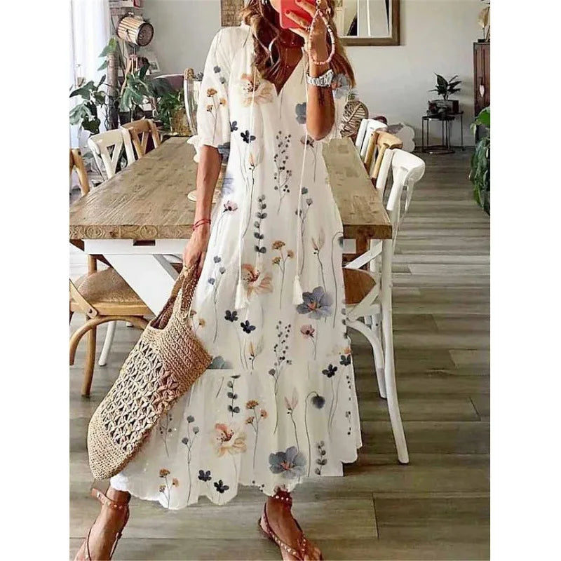 Elegant Boho Floral Print Beach Long Dresses For Women Fashion RufflesV-neck Short Sleeve Casual Sweet Loose Maxi Dress