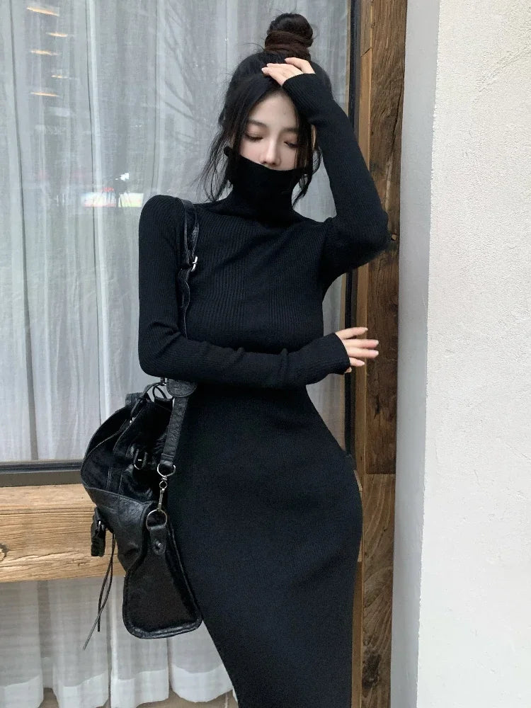 Black Maxi Dresses Women Slim Turtleneck Sexy Girls Elegant Autumn Winter Party Wear Fashion Ulzzang Vestidos De Fiesta Casual