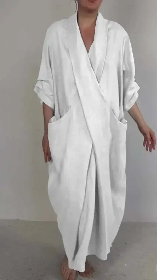 Women Loose Long Maxi Dress V Neck Full Length High Waist Solid Color Ankle Length Dress Summer