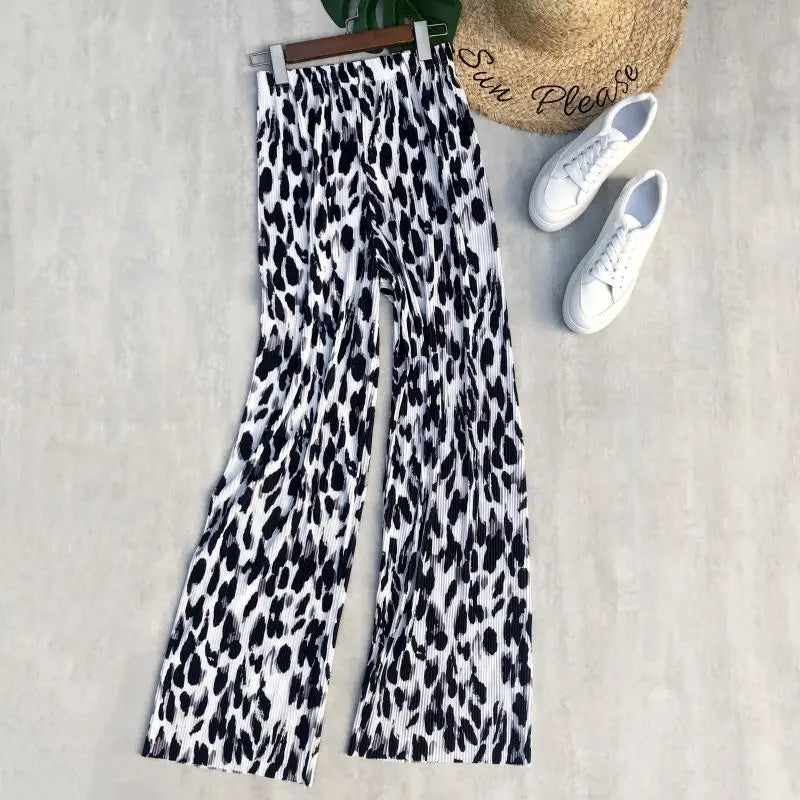 REALEFT 2024 New Spring Summer Painting Printed Long Pants Vintage High Waist Street Casual Loose Wide Leg Trousers Female