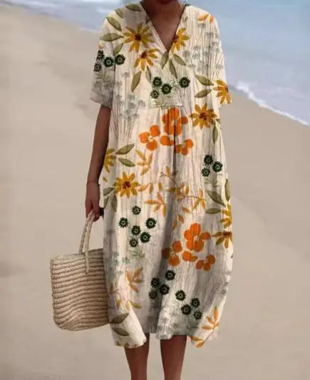 Women Floral Print Summer Maxi Dresses Colorful V Neck Short Sleeve Casual Loose Vacation Workout Beachwear Dress Robe Traf 2025