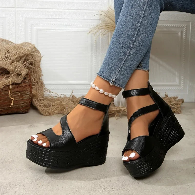 Slope heel sandals 2025 summer fashion lightweight thick sole non-slip high heels women's shoes back zipper leather Roman shoes