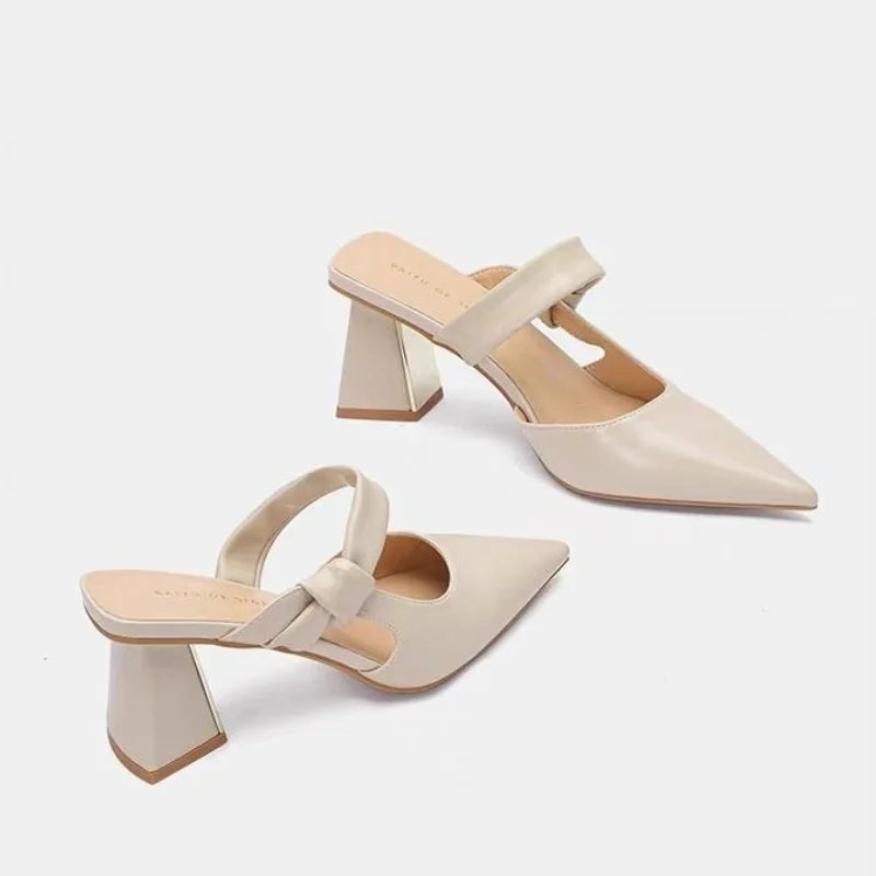 High-Heeled Shoes Lady Womens Slippers Outdoor Pointed Toe Pantofle Slides Female Mule Square Heel 2025 Cover Soft Mules Block