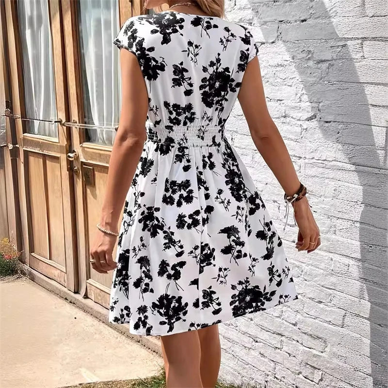 Floral Printed Midi Dresses For Women Casual Loose V-Neck Short Sleeeve Short Skirts Fashion Sexy Style High Waist Dresses