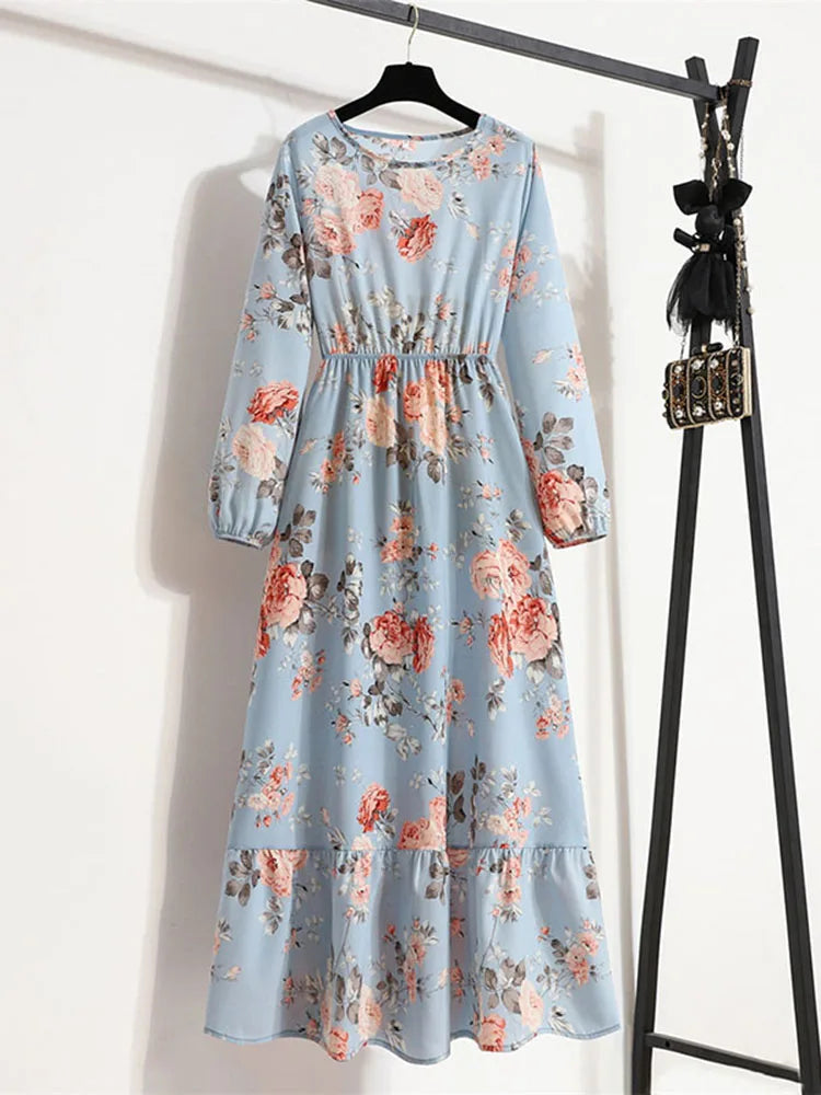 Elegant Floral Print Women Dress Spring Summer Casual O Neck Long Sleeve Chiffon A Line Long Maxi Dress Party Vestidos
