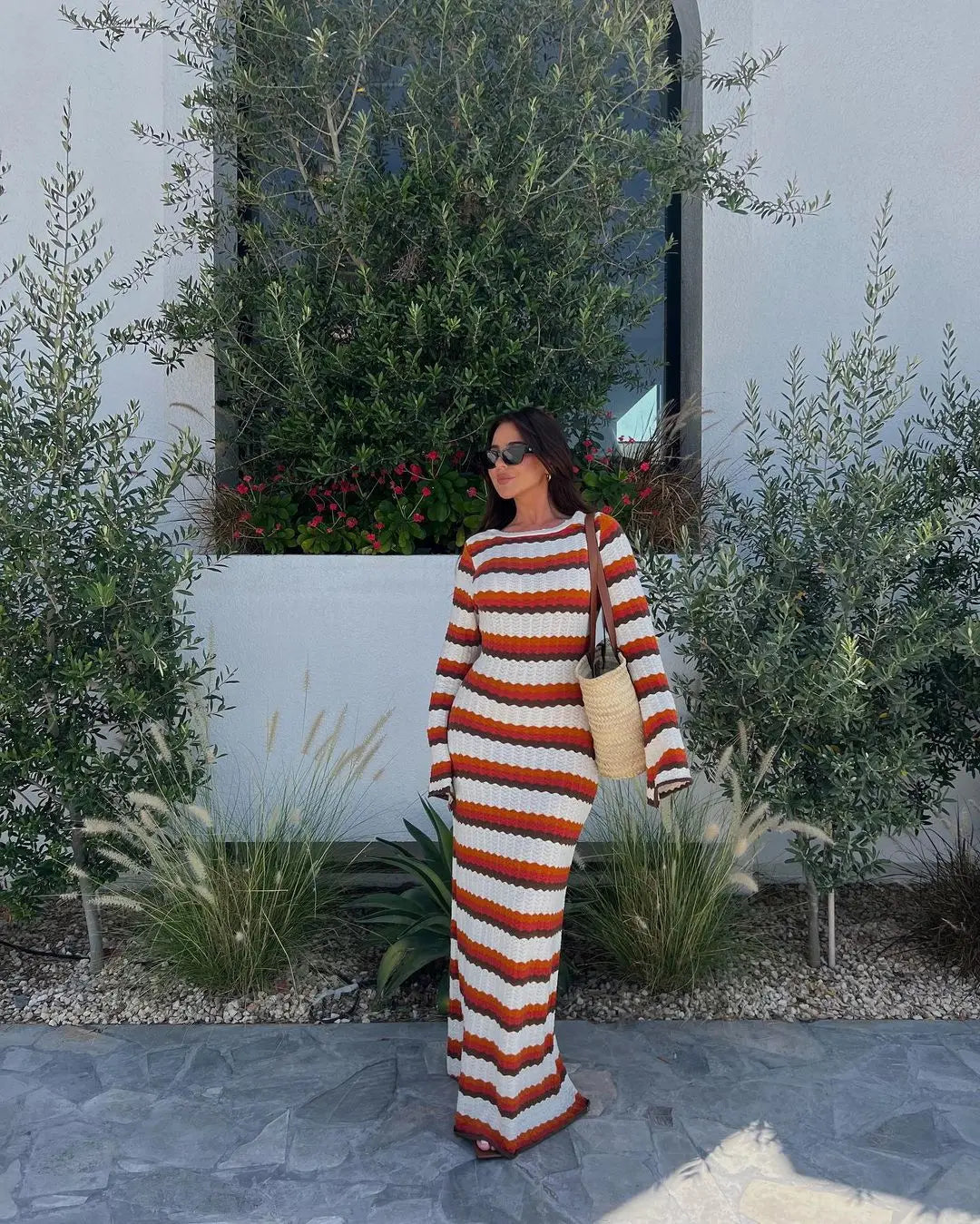 Elegant Fashion Striped Maxi Dress 2024 Sexy Long Sleeve Holidays Party Dress Summer Hollow Out Knitted Beach Dress for Women