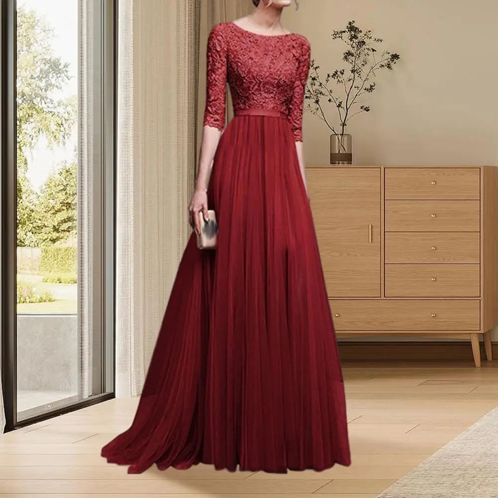Women Maxi Dress Elegant Lace Flower Embroidered Maxi Evening Dress for Women Round Neck Half Sleeve Tight Waist Floor Length