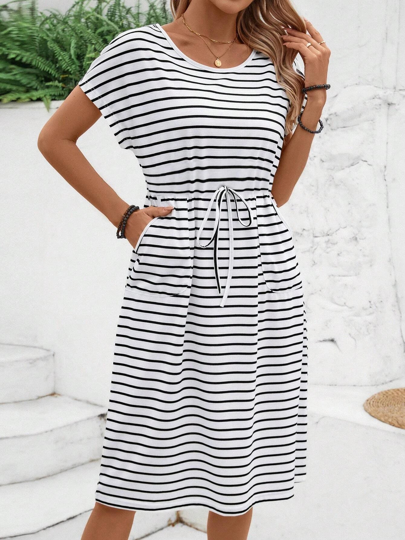 Black and White Striped Drawstring Waist Dress Women's Summer Casual Round Neck Short Sleeve Pocket Midi Skirt