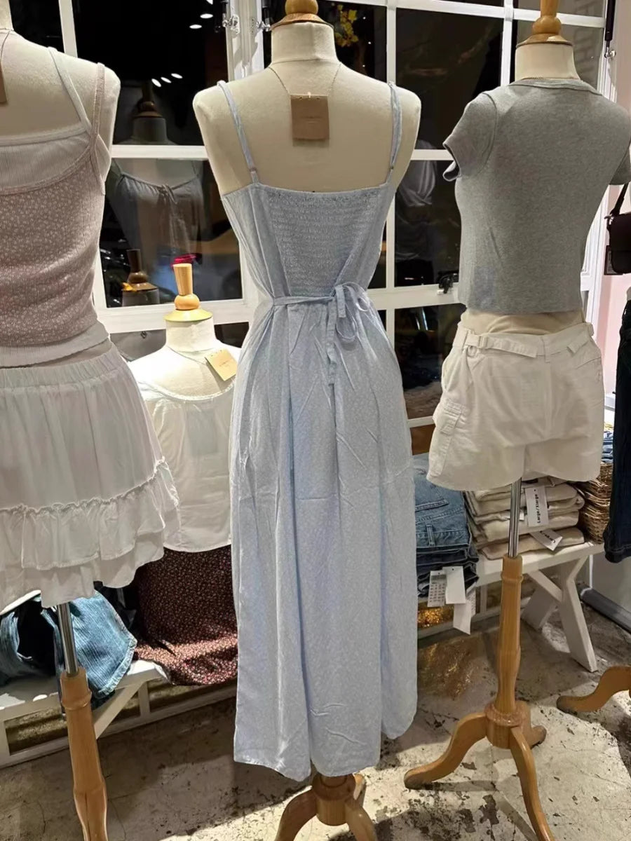 Floral Print Lace-up Maxi Dress Women Summer Blue Sleeveless A-line Long Dresses Female Casual Vintage Sweet Cute Vestidos New