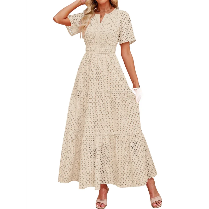 ASDS-Women's Summer Short Sleeve Maxi Dress Casual V Neck Hollow Out Eyelet Ruffle Swing A Line Long Dresses