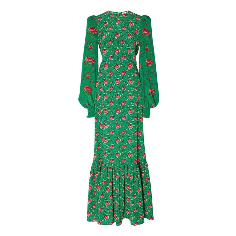 Bohemian Bird Print Maxi Dress Elegant V - Neck Bell Sleeve Tiered Dress for Vacation Party & Daily Wear