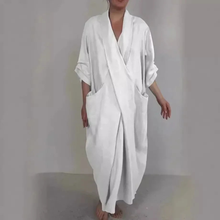 Women Loose Long Maxi Dress V Neck Full Length High Waist Solid Color Ankle Length Dress Summer