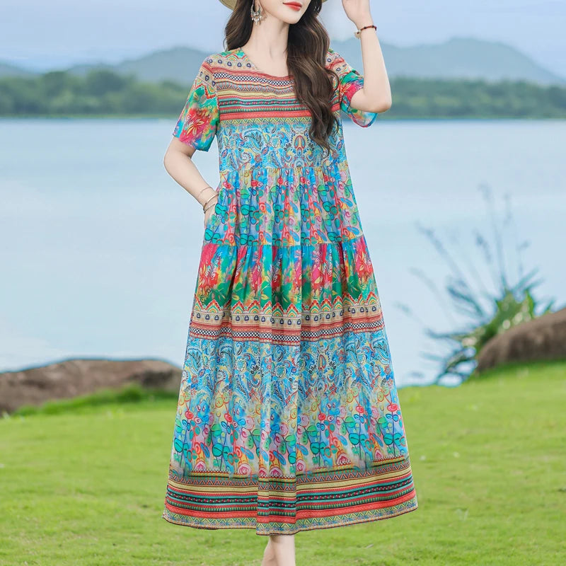 Floral Maxi Dress Backless Plus Size BohemianWomen Summer Elegant Large Hem Dresses short sleeve women clothing