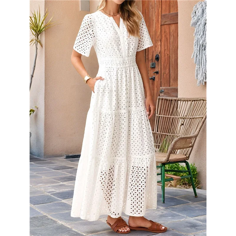 ASDS-Women's Summer Short Sleeve Maxi Dress Casual V Neck Hollow Out Eyelet Ruffle Swing A Line Long Dresses
