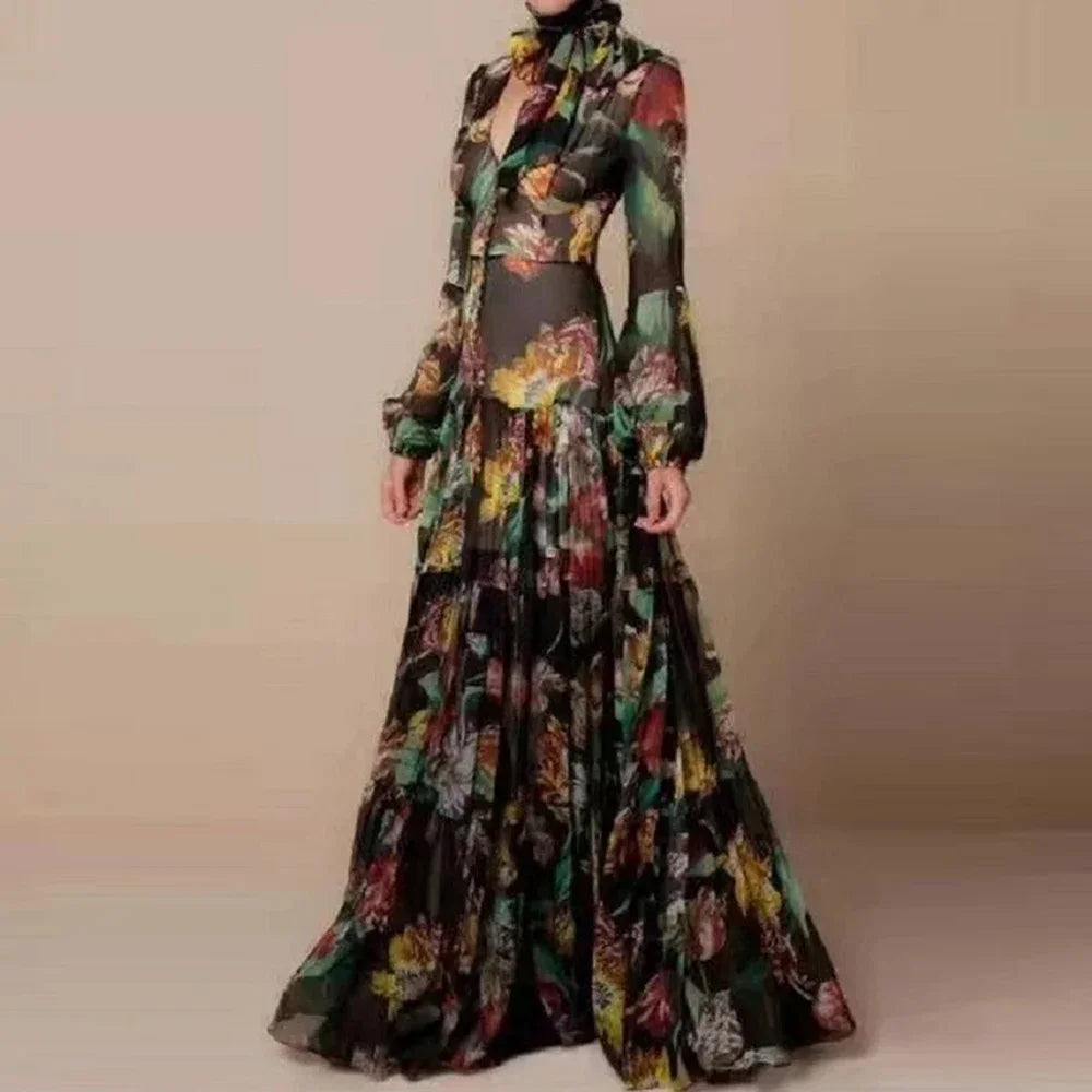 Elegant Floral Printed Slim Women's Dress Puff Long Sleeves Halter Neck Pleated 2025 Maxi Dresses Female Fishtail Evening Robes
