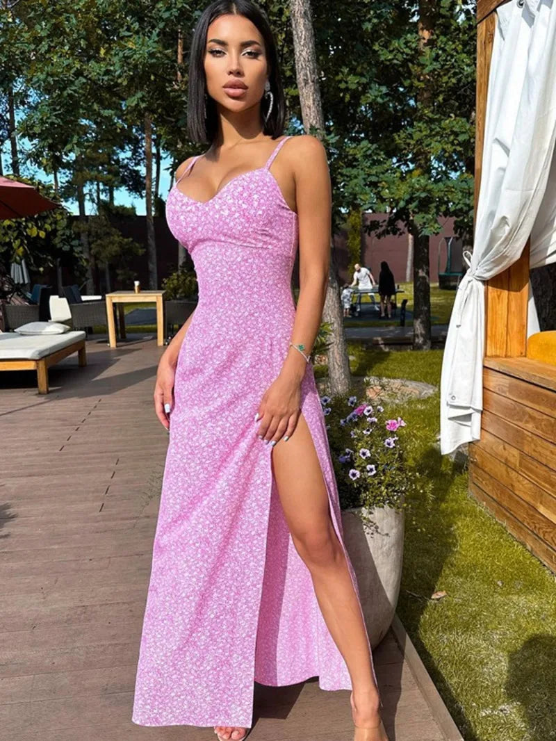 Women Sexy Split Maxi Dress Floral Printed Sleeveless Beach Party Dress Spaghetti Zip Club Dress Elegant Vestidos Summer 2SMS