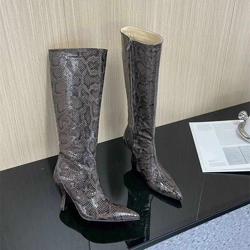 New Mixed Color Snake Patterned Side Zipper Knee High Boots Autumn Winter European American Fashion Pointed High-heel Long Boots