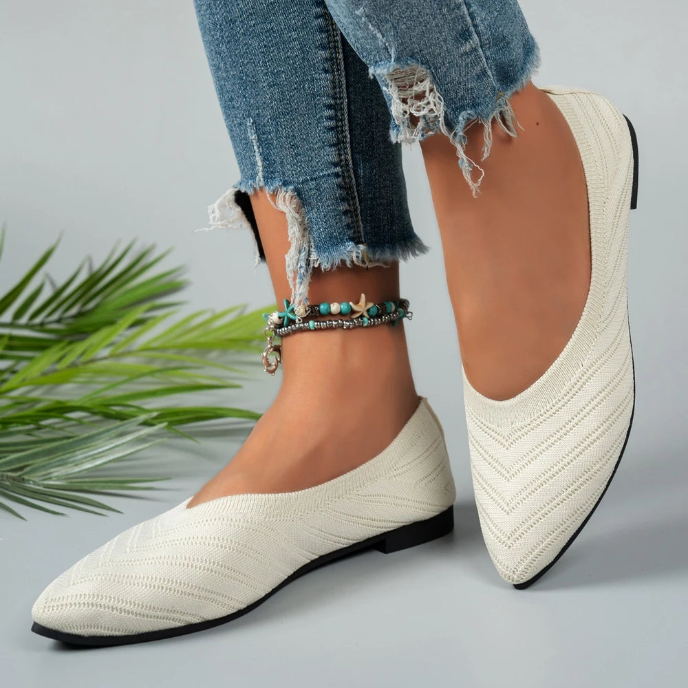 Women's Pointed Toe Flat Shoes Solid Color Knitted Slip on Shoes Casual Comfortable Breathable Ballet Flat Shoes for Women