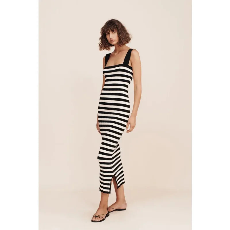 Striped High Waist Backless Maxi Dress Women Contrast Split Slim Fashion Off-Shoulder Autumn 2024 Party Dress Streetwear