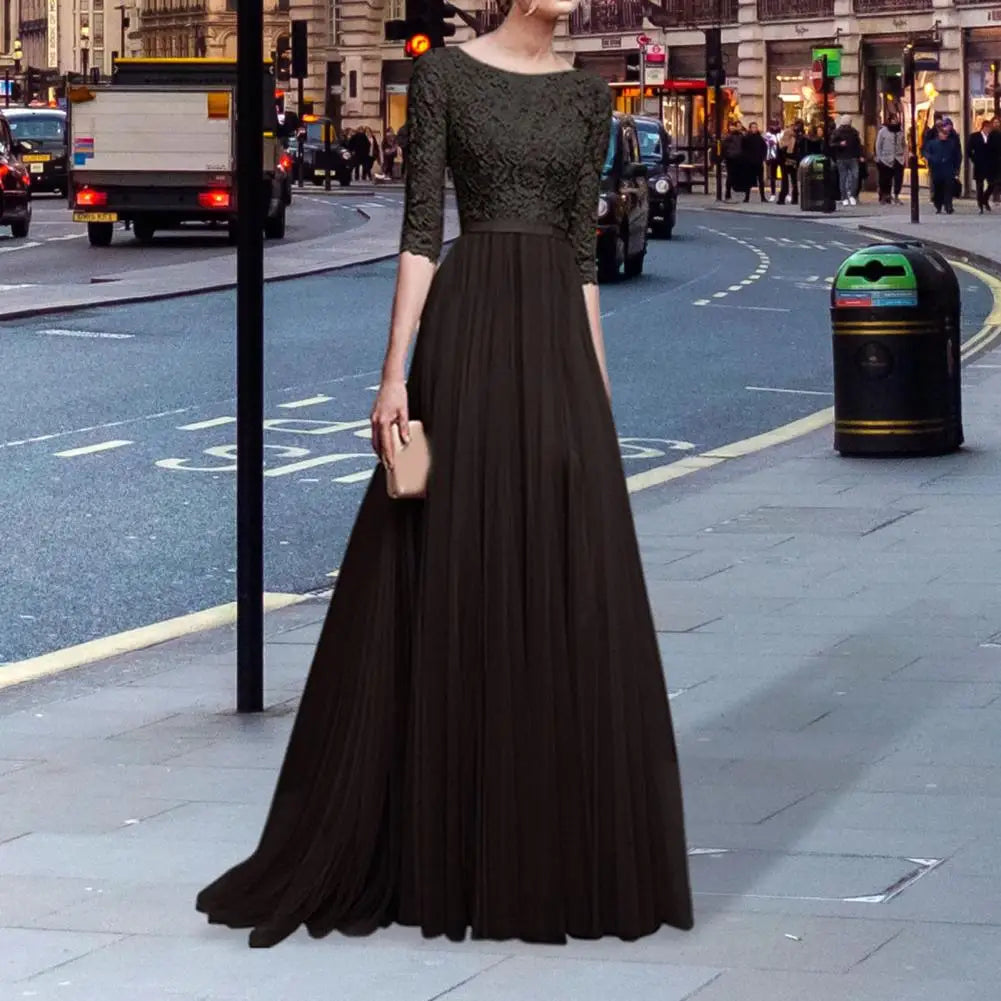 Women Maxi Dress Elegant Lace Flower Embroidered Maxi Evening Dress for Women Round Neck Half Sleeve Tight Waist Floor Length