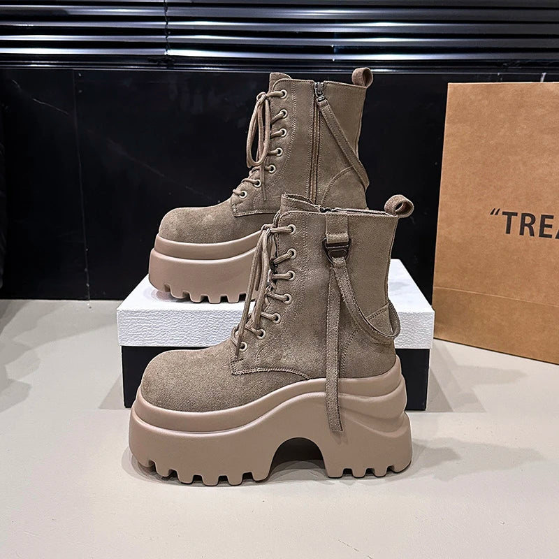 Ankle Boots For Women New 2025 Winter Motorcycle Boots 9CM Wedge Heels High Platform Shoes Woman Autumn Thick Sole Punk Boots