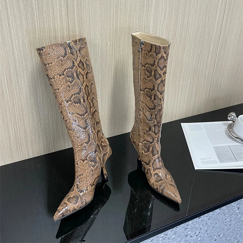 New Mixed Color Snake Patterned Side Zipper Knee High Boots Autumn Winter European American Fashion Pointed High-heel Long Boots